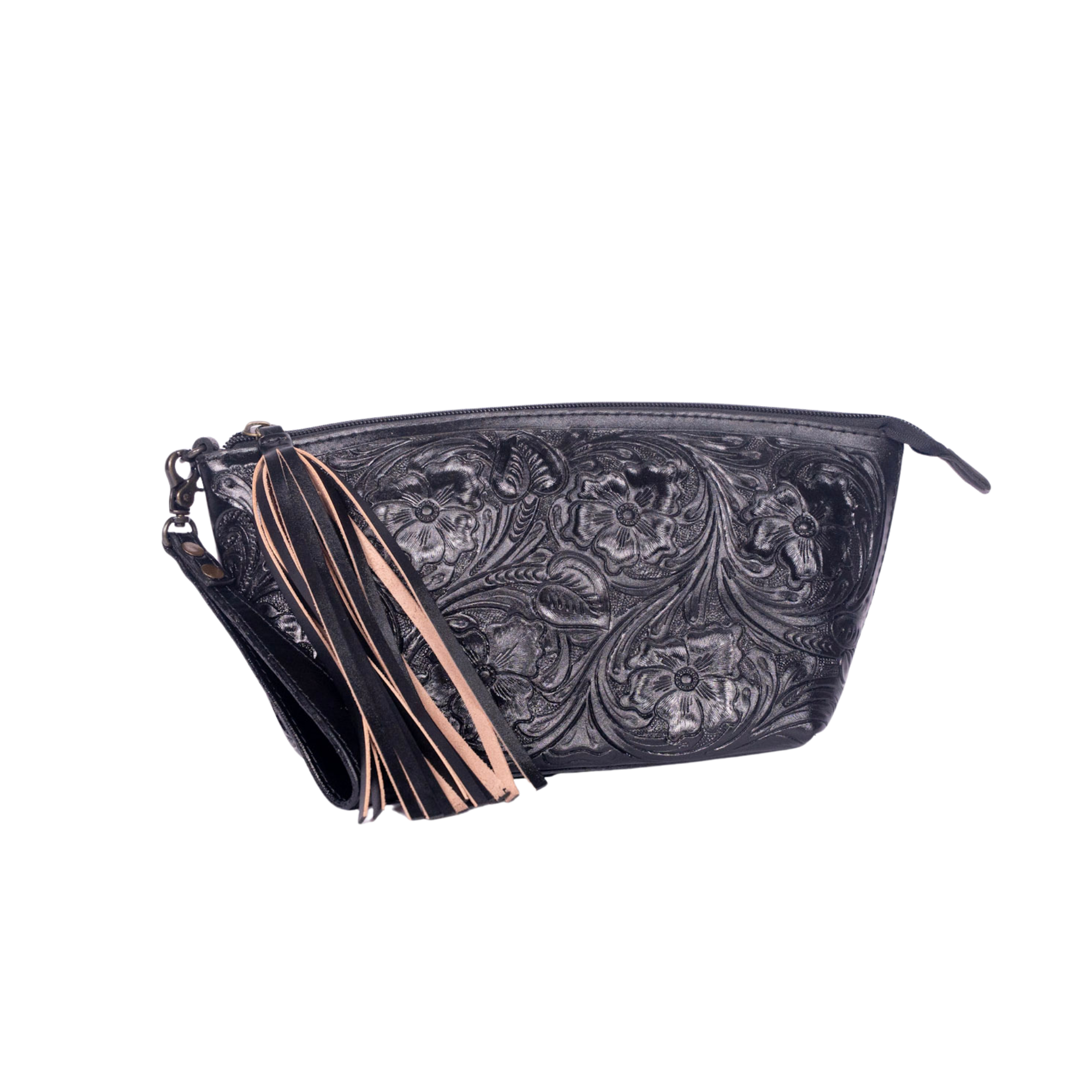 Hand-Tooled Leather Wristlet black – Western Clutch