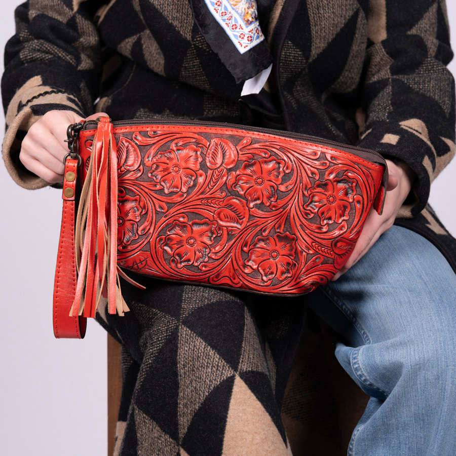 Hand-Tooled Leather Wristlet red – Western Clutch