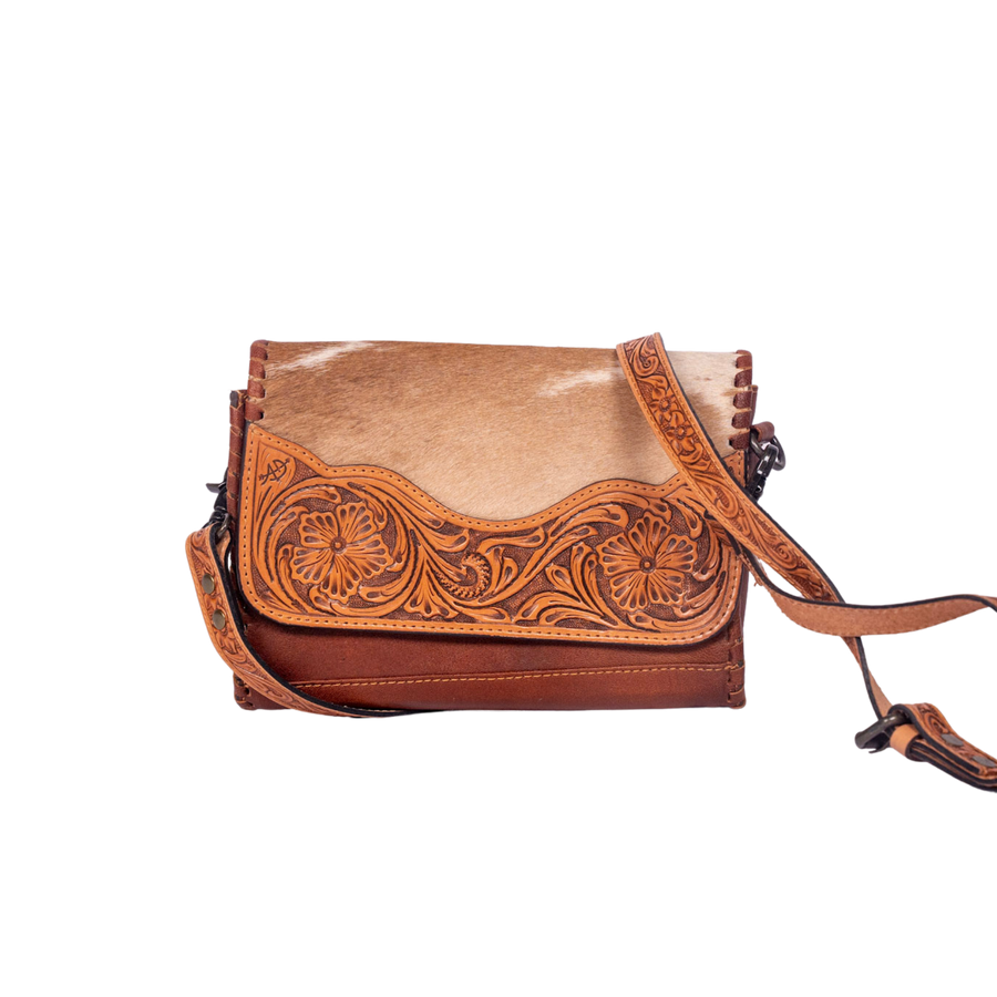 Hair-On Cowhide Leather Crossbody – Hand-Tooled Western Bag