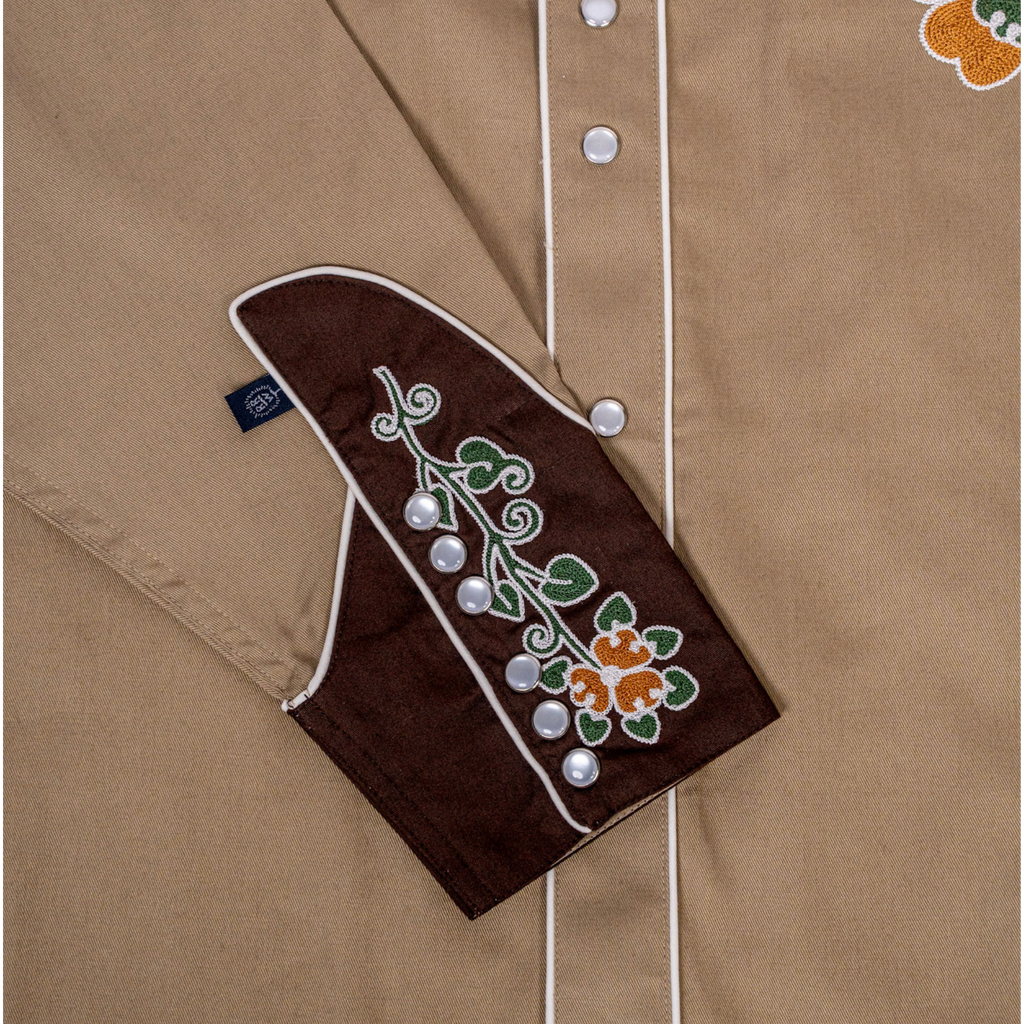Men's Vintage Tan Floral Butterfly Embroidered Western Shirt