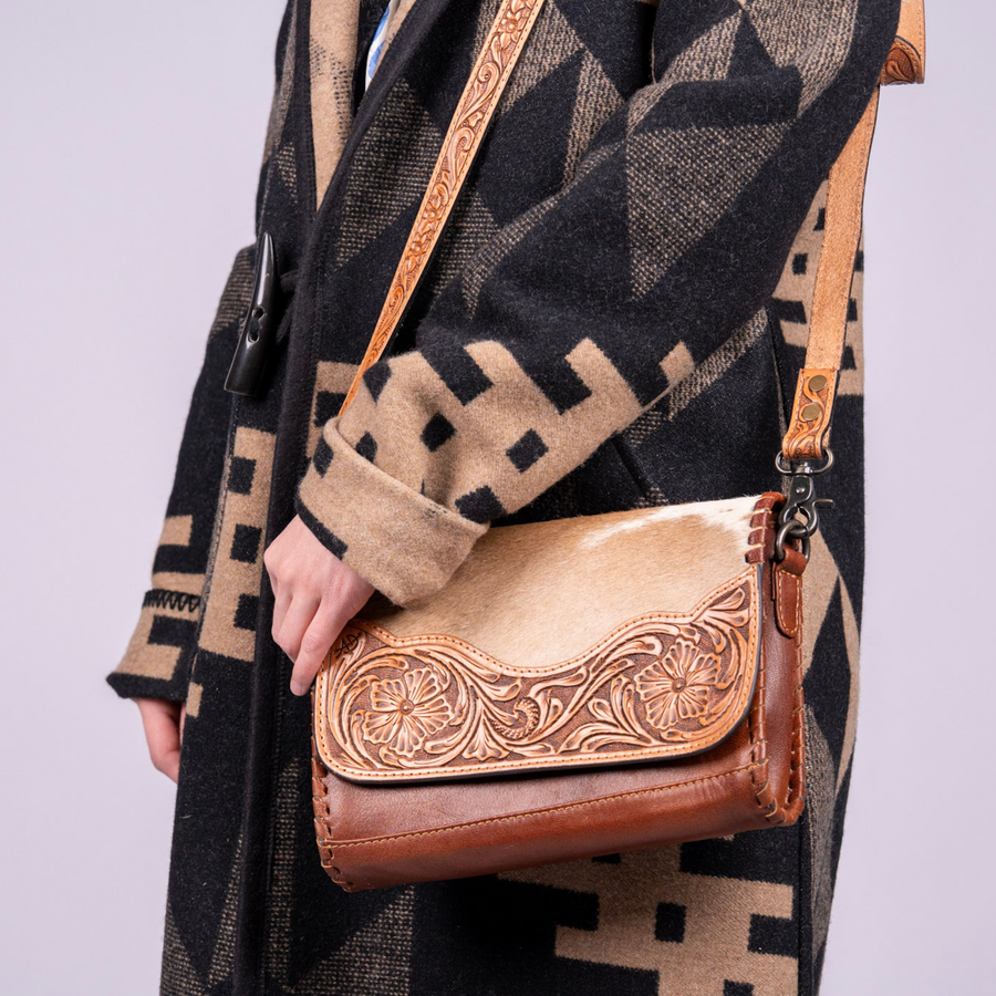 Hair-On Cowhide Leather Crossbody – Hand-Tooled Western Bag