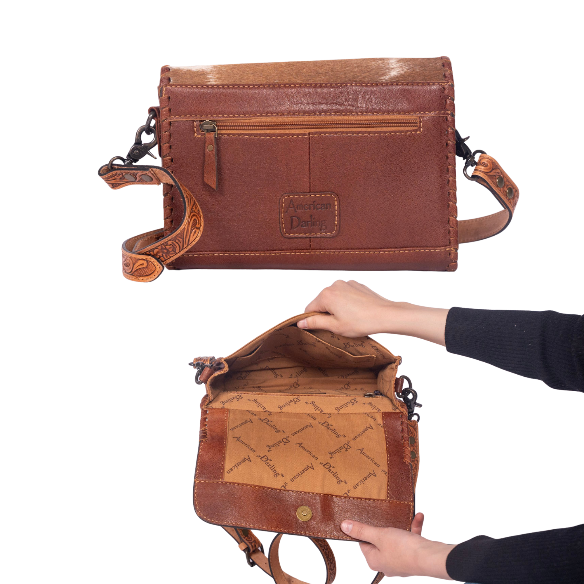 Hair-On Cowhide Leather Crossbody – Hand-Tooled Western Bag
