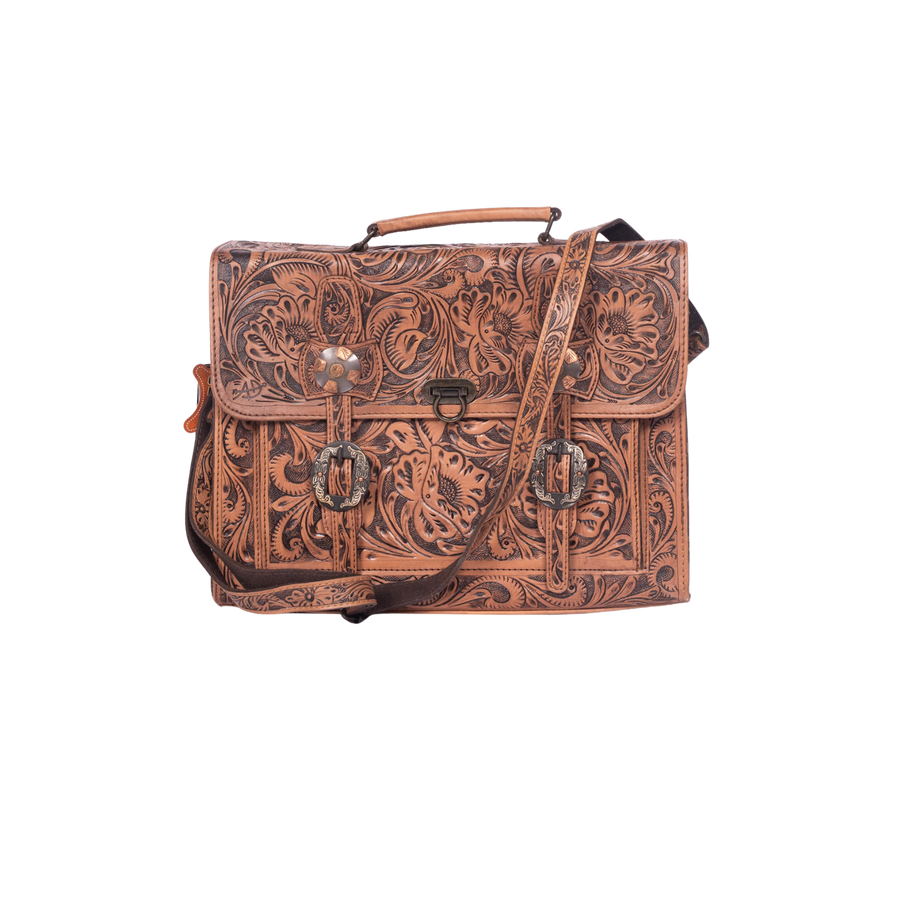 Hand-Tooled Leather Briefcase – Floral Western Messenger