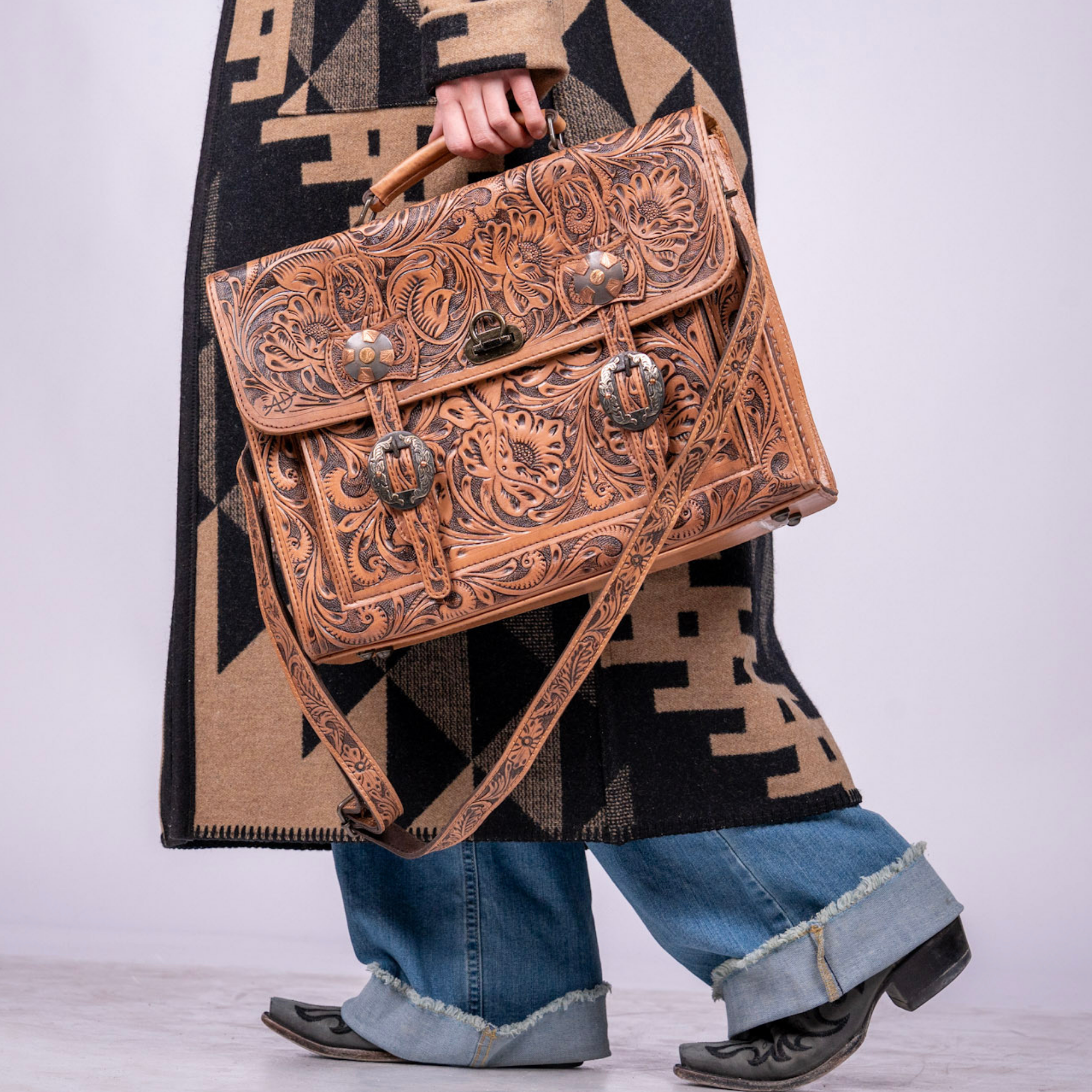 Hand-Tooled Leather Briefcase – Floral Western Messenger