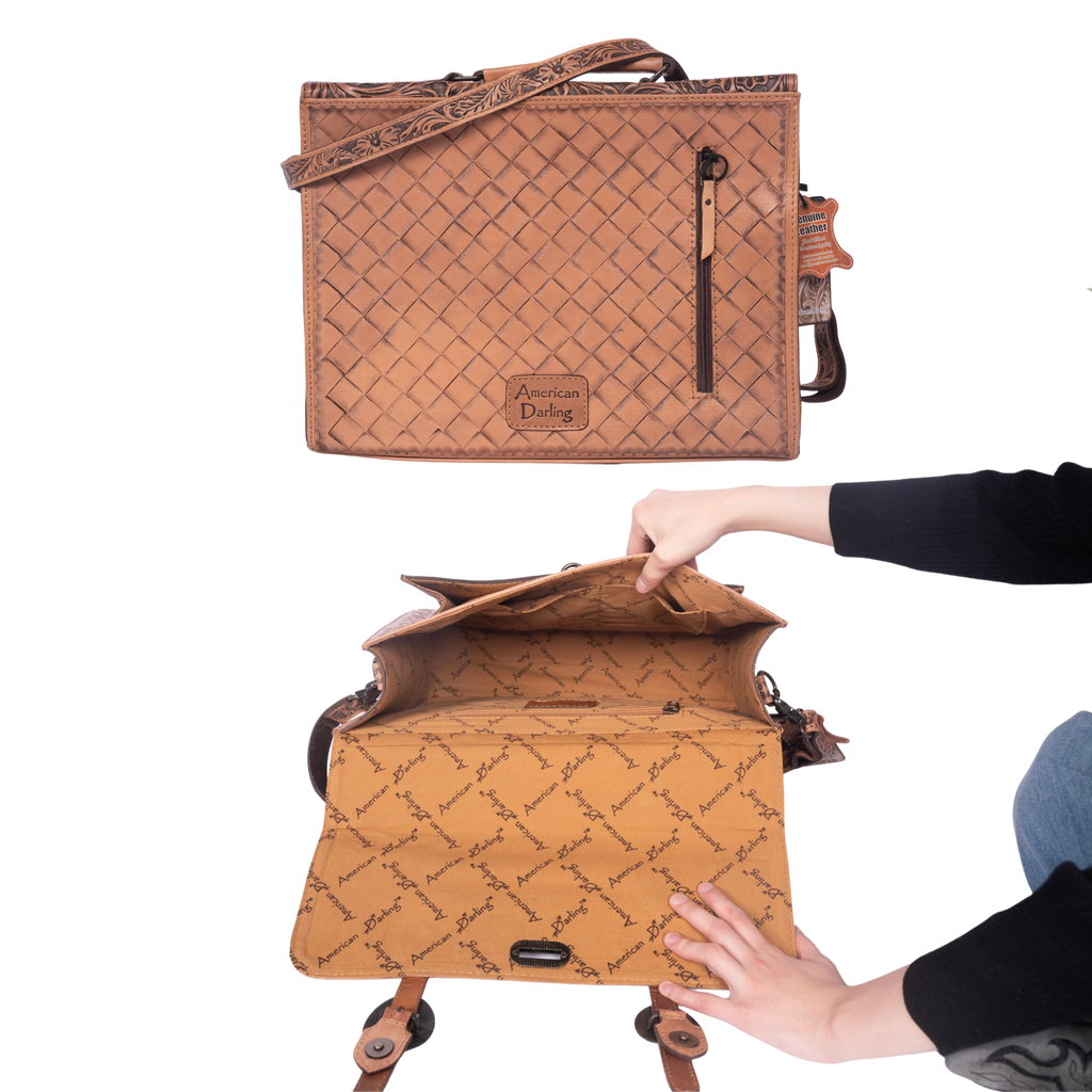Hand-Tooled Leather Briefcase – Floral Western Messenger