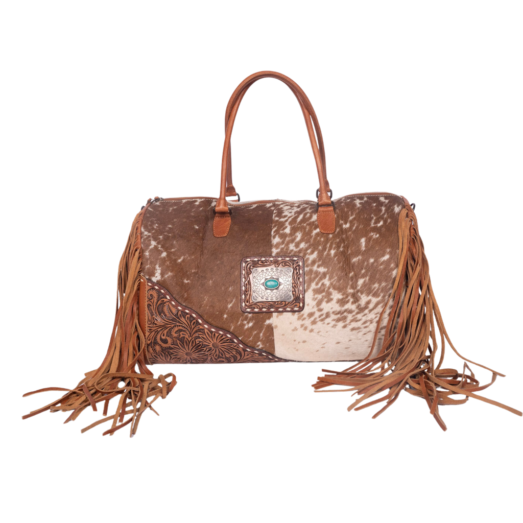 Hair-On Cowhide Leather Duffle – Hand-Tooled Western Weekender