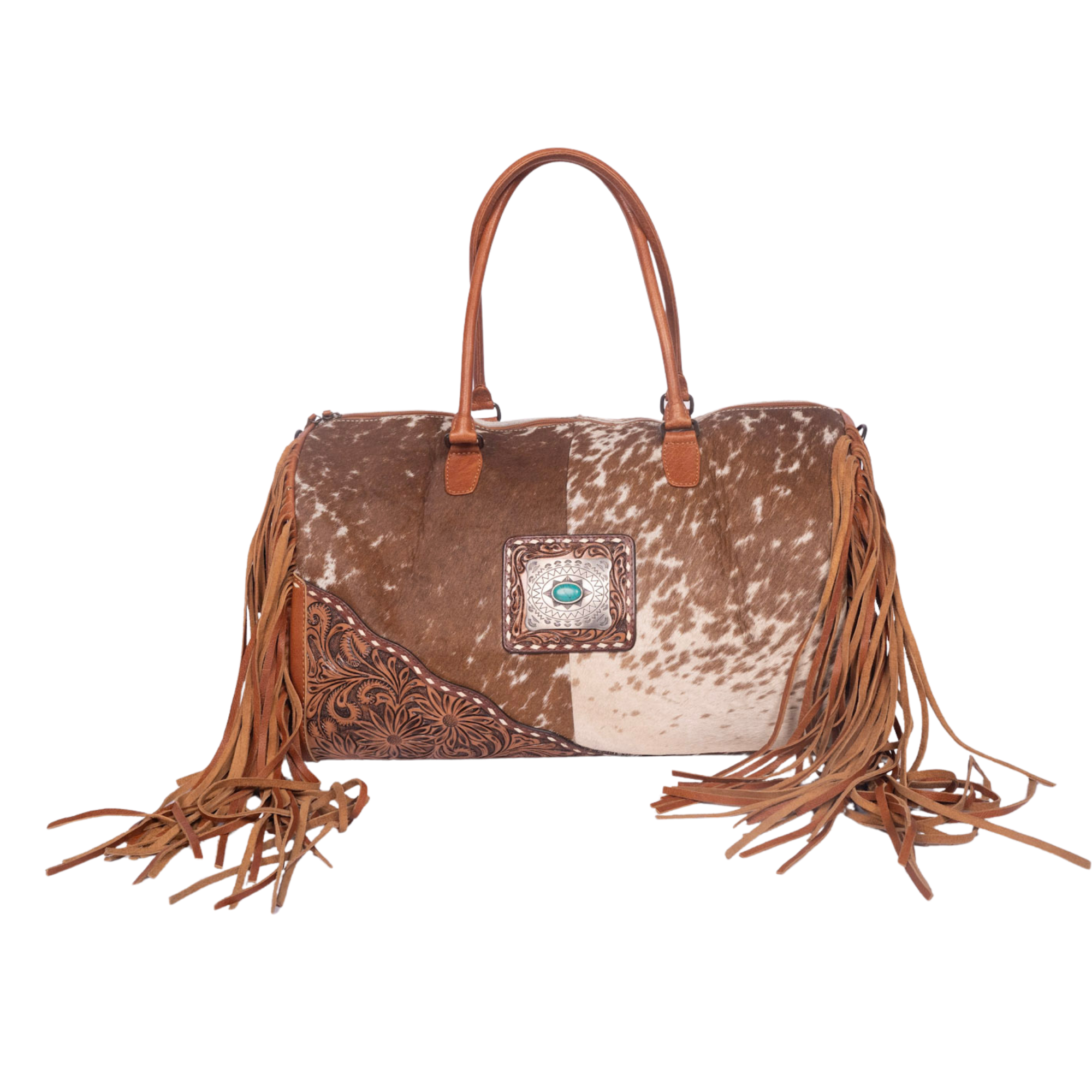 Hair-On Cowhide Leather Duffle – Hand-Tooled Western Weekender