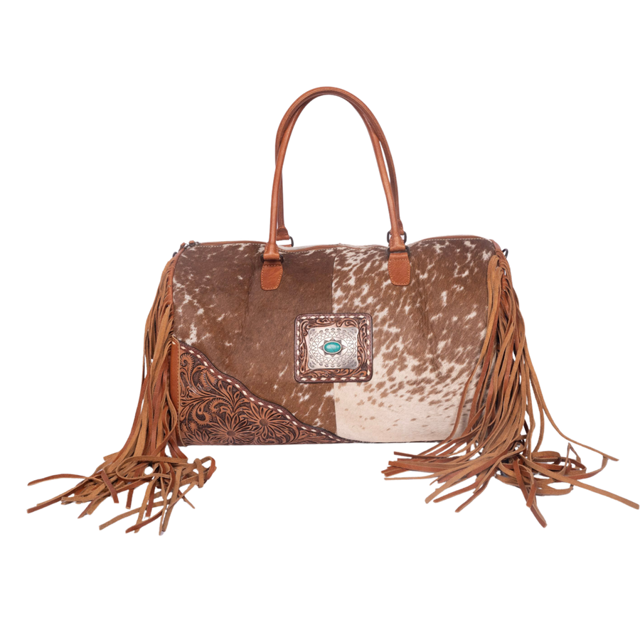 Hair-On Cowhide Leather Duffle – Hand-Tooled Western Weekender