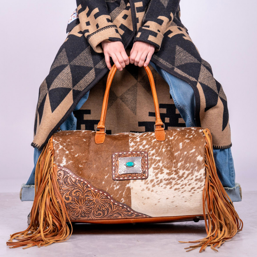 Hair-On Cowhide Leather Duffle – Hand-Tooled Western Weekender