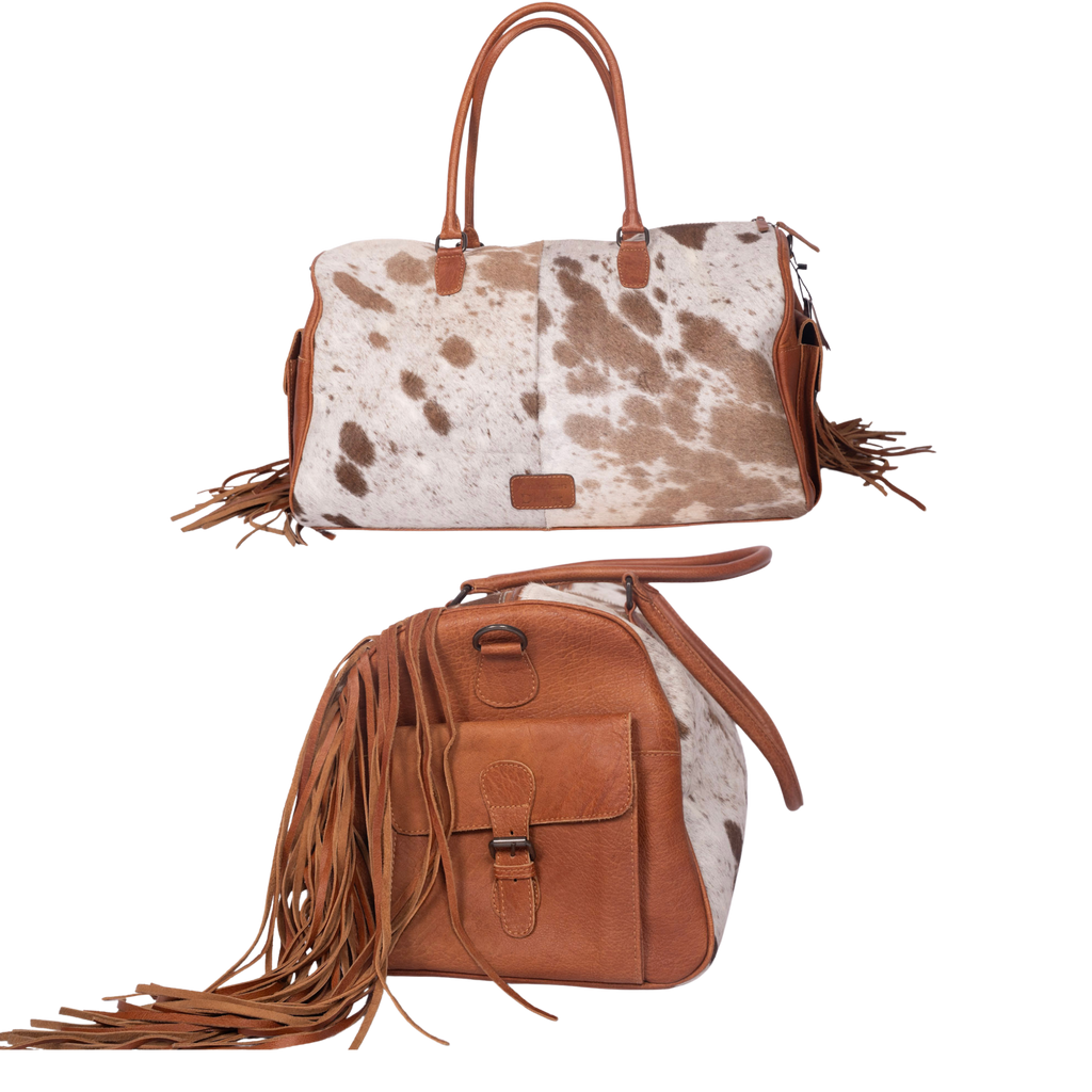 Hair-On Cowhide Leather Duffle – Hand-Tooled Western Weekender