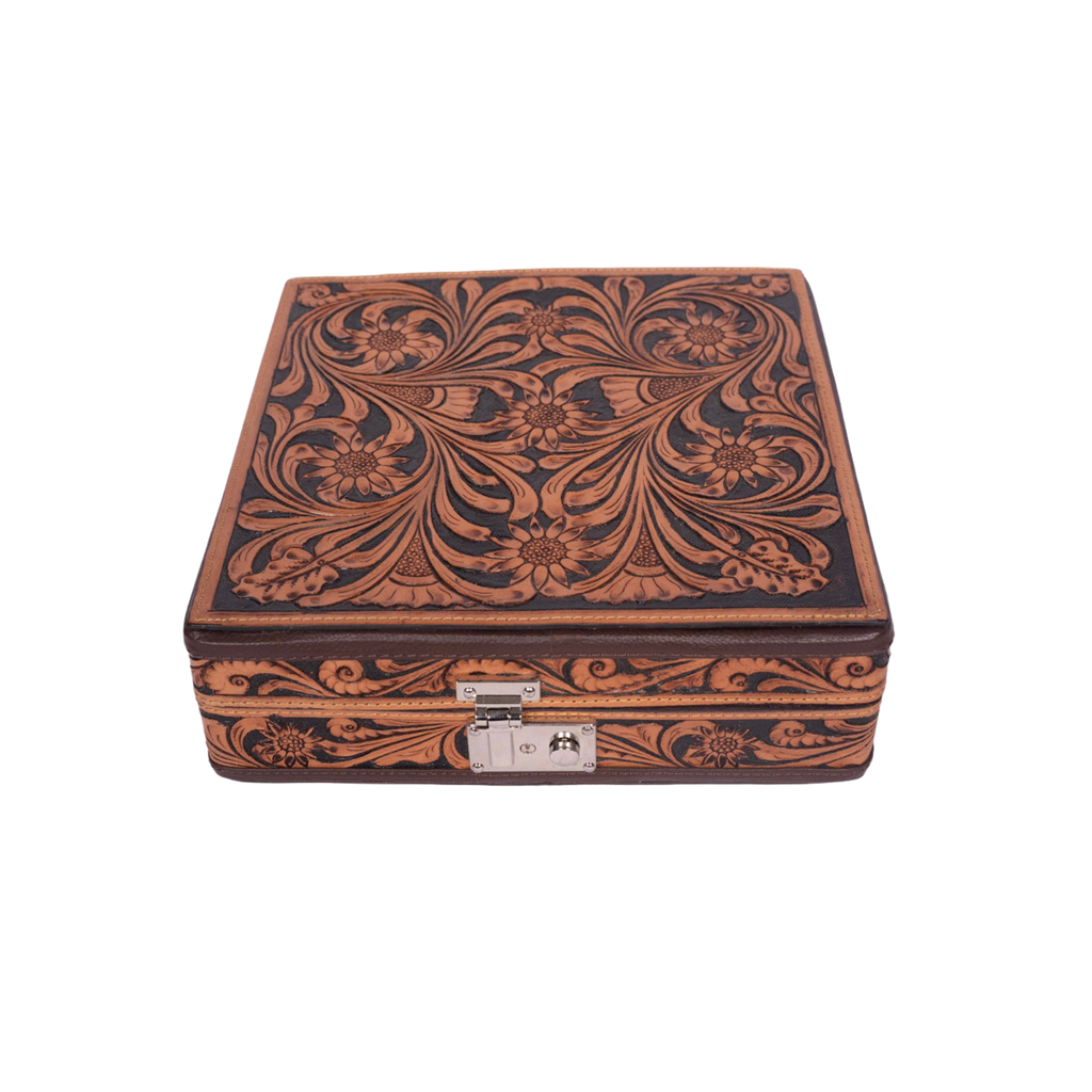 Hand-Tooled Leather Jewelry Case – Floral Lid