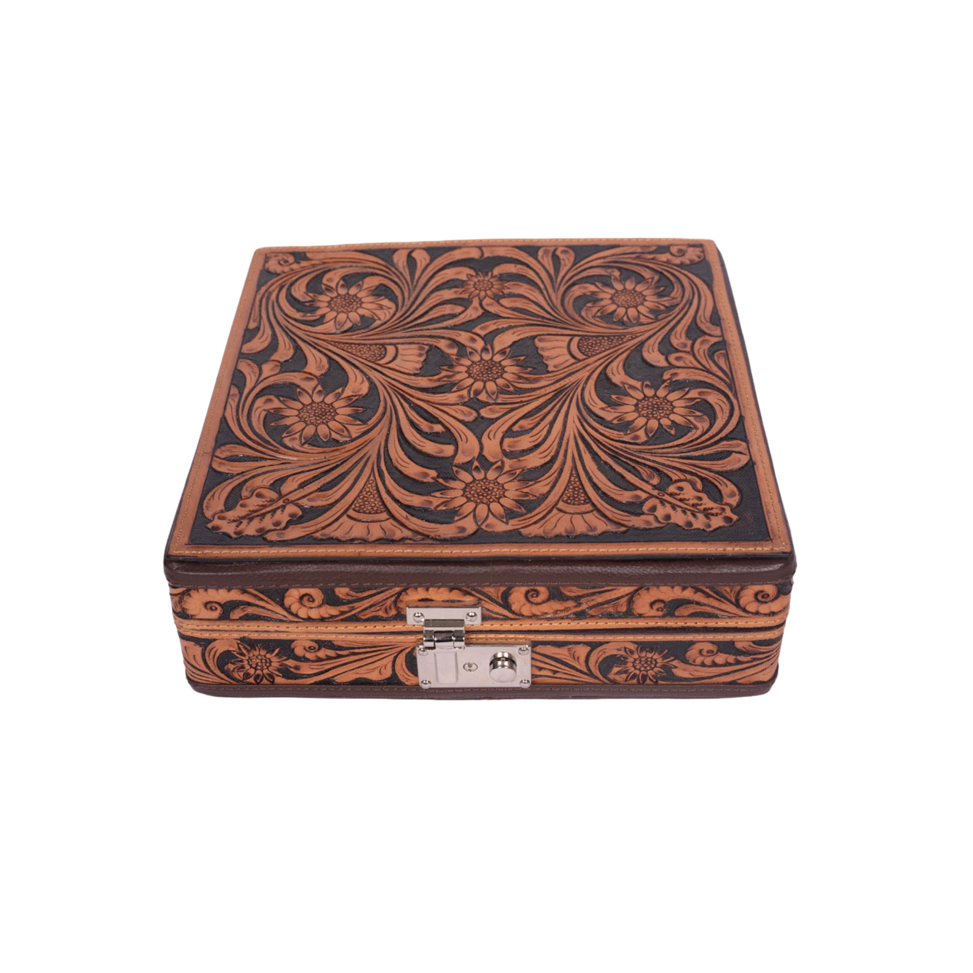 Hand-Tooled Leather Jewelry Case – Floral Lid