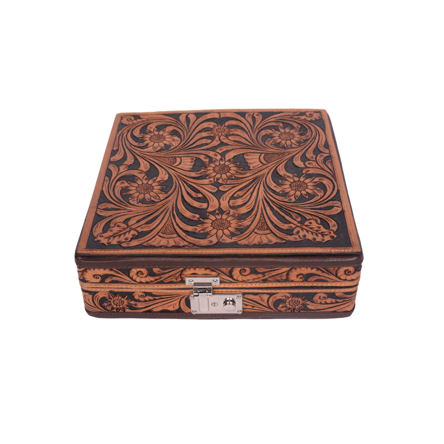 Hand-Tooled Leather Jewelry Case – Floral Lid