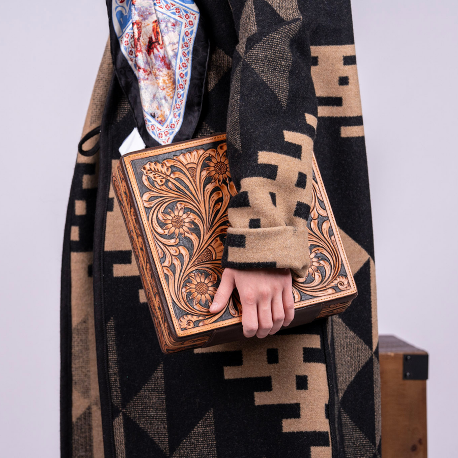 Hand-Tooled Leather Jewelry Case – Floral Lid