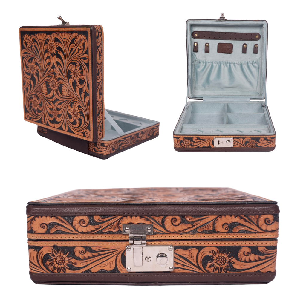 Hand-Tooled Leather Jewelry Case – Floral Lid