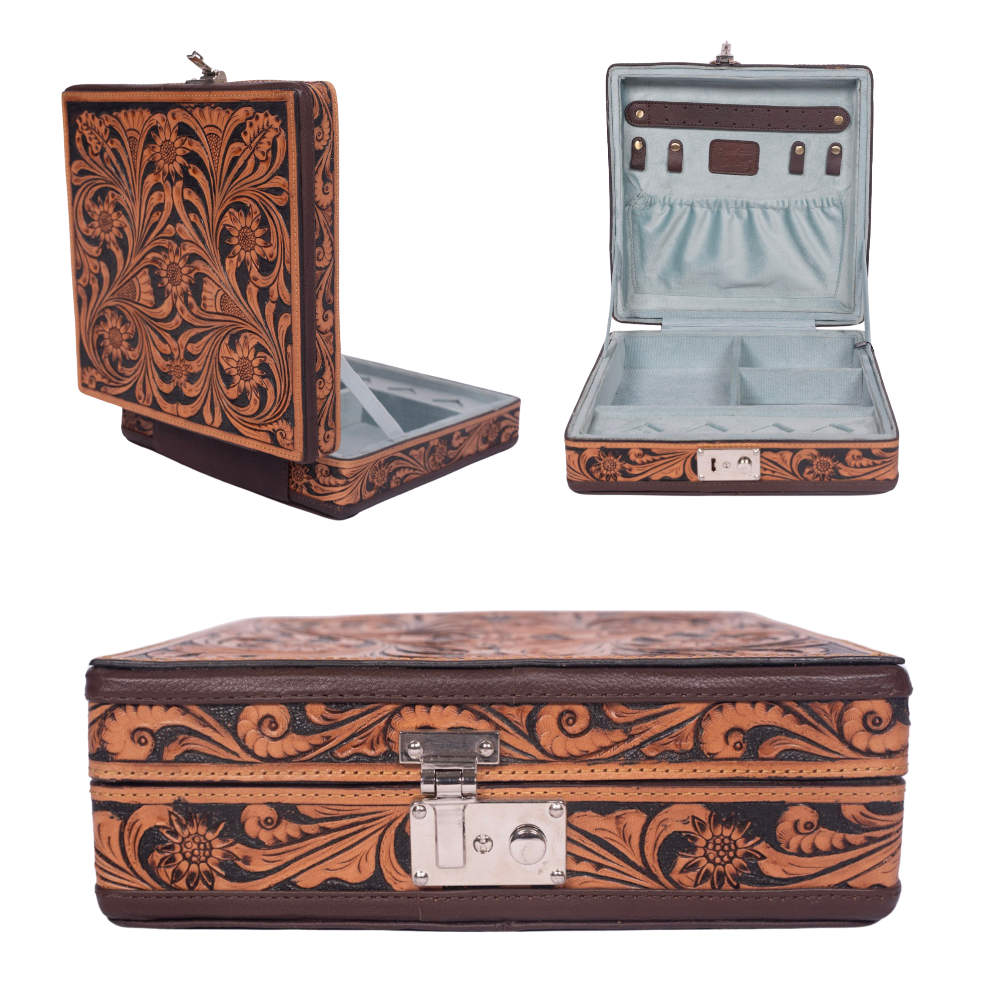 Hand-Tooled Leather Jewelry Case – Floral Lid