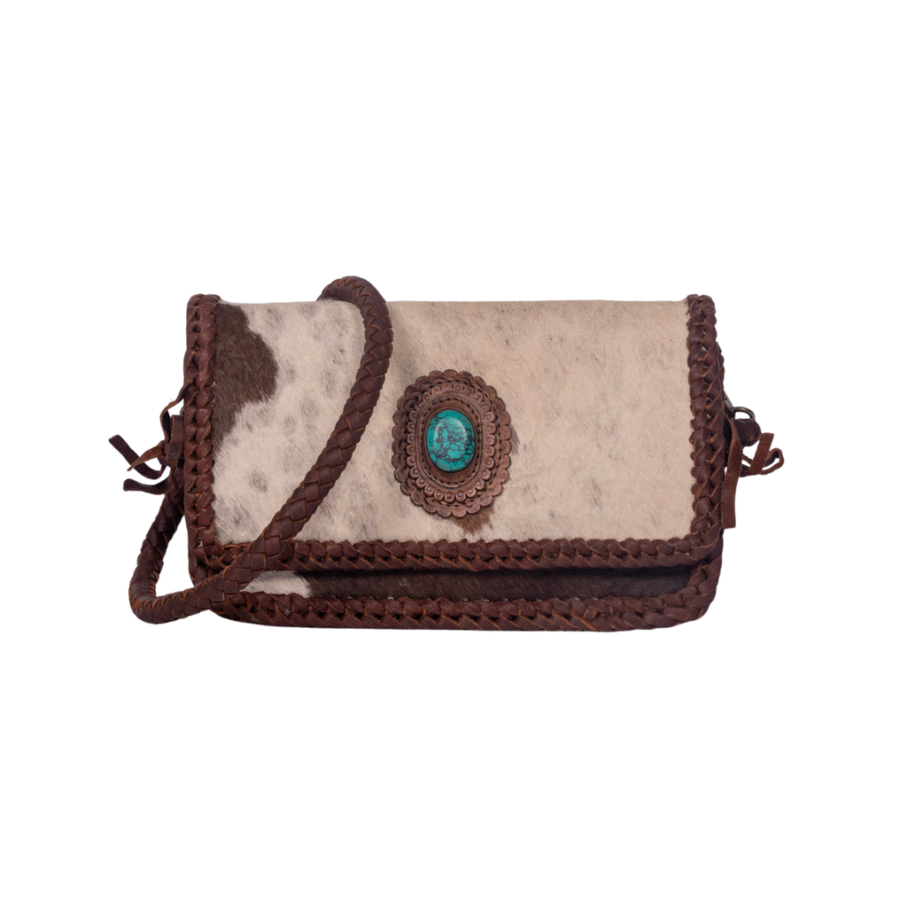 Cowhide Fringe Wallet – Braided Strap with Turquoise Concho