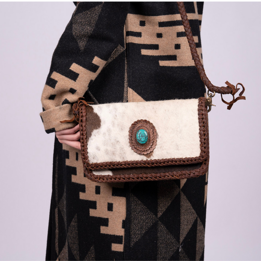 Cowhide Fringe Wallet – Braided Strap with Turquoise Concho