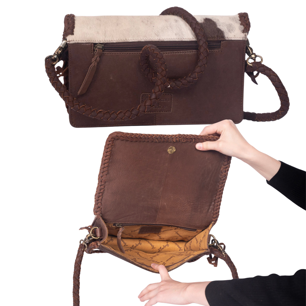 Cowhide Fringe Wallet – Braided Strap with Turquoise Concho