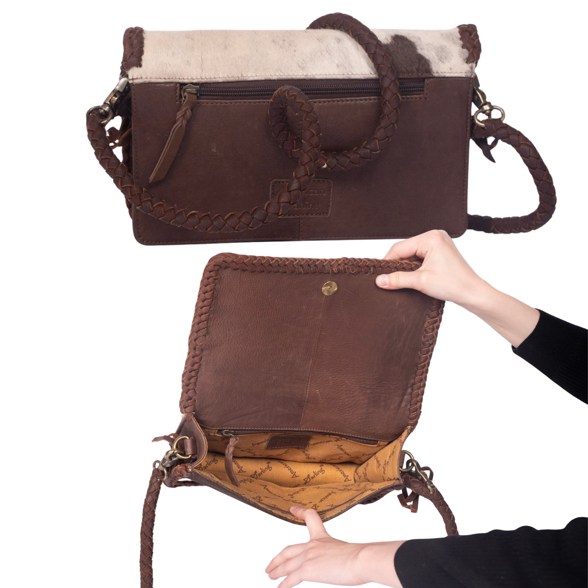Cowhide Fringe Wallet – Braided Strap with Turquoise Concho