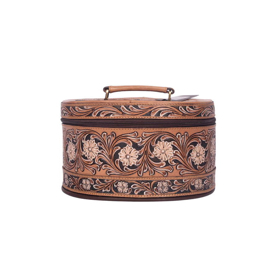 Hand-Tooled Leather Jewelry Case tan – Oval Floral Organizer
