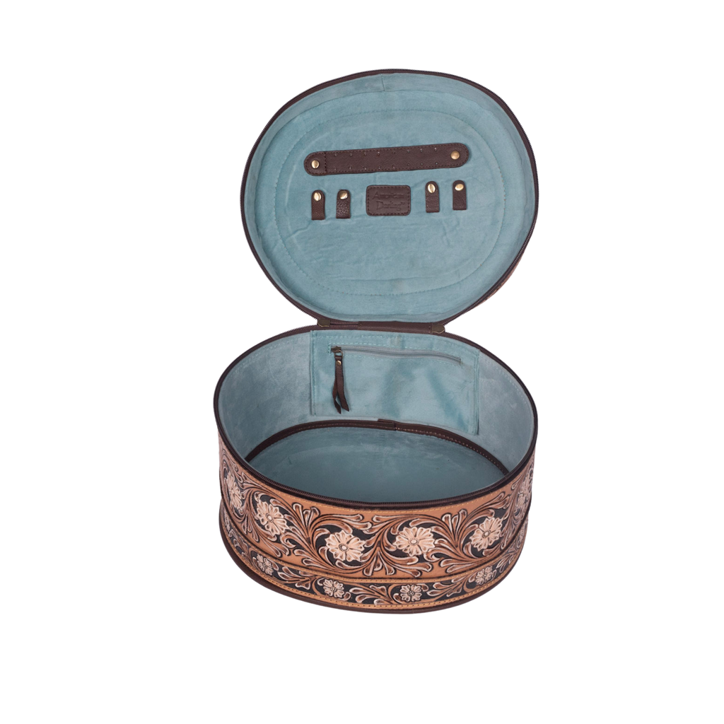Hand-Tooled Leather Jewelry Case tan – Oval Floral Organizer