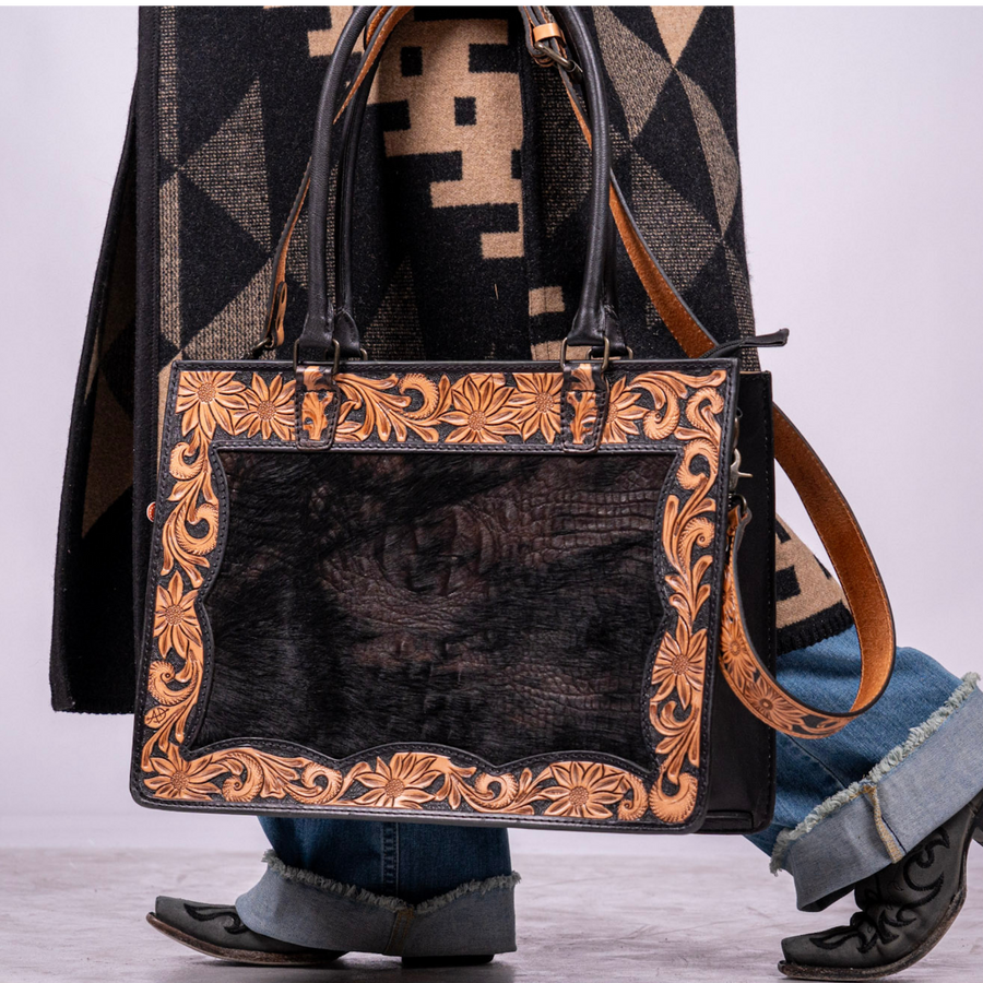 Croc-Embossed Leather Tote – Hand-Tooled Floral Western Bag