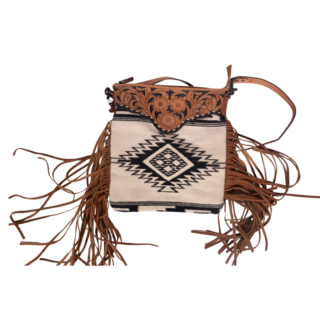 Wool Crossbody Bag – Tooled Leather Yoke with Fringe