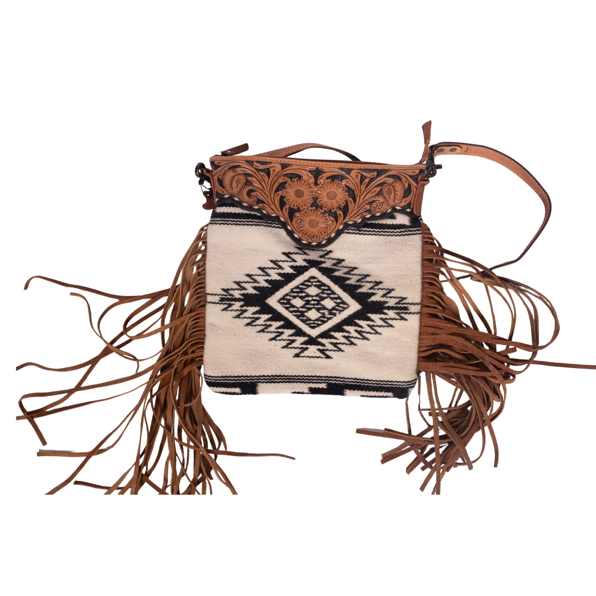 Wool Crossbody Bag – Tooled Leather Yoke with Fringe