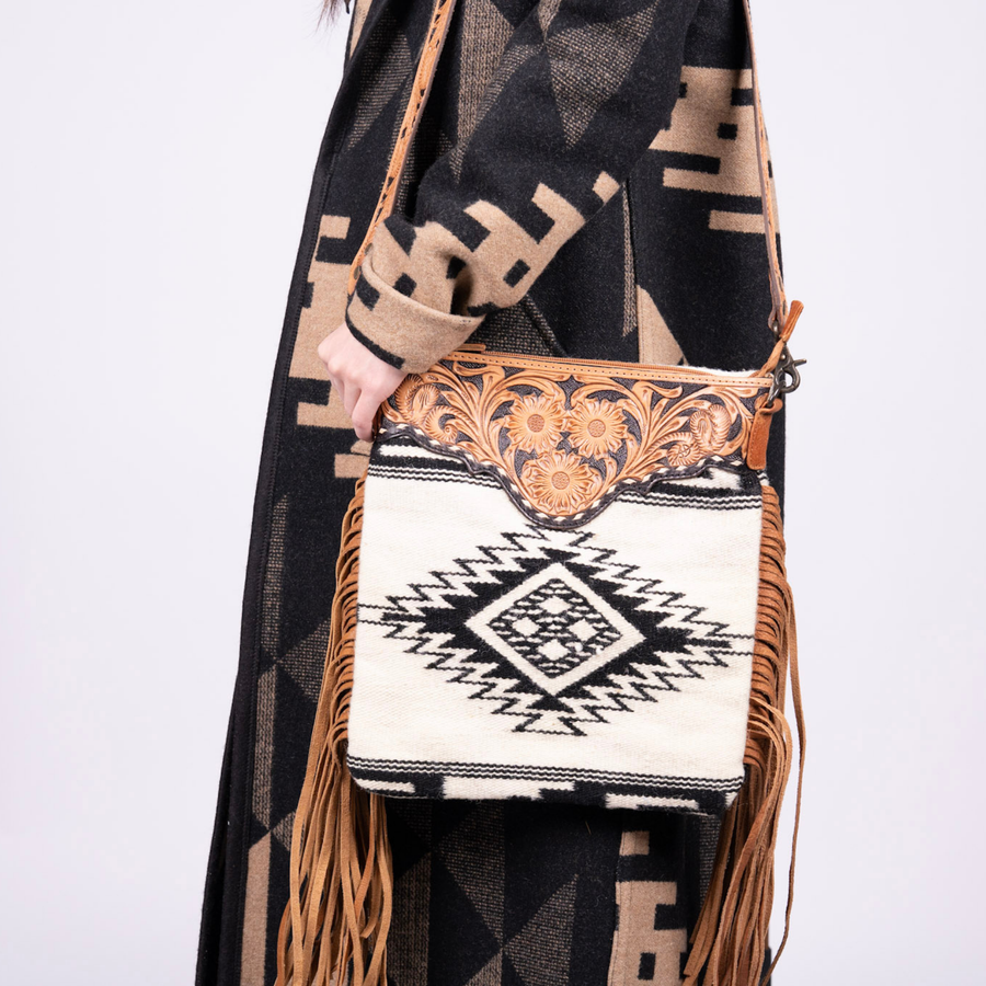 Wool Crossbody Bag – Tooled Leather Yoke with Fringe