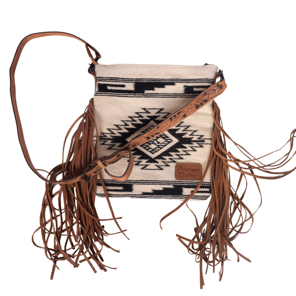 Wool Crossbody Bag – Tooled Leather Yoke with Fringe