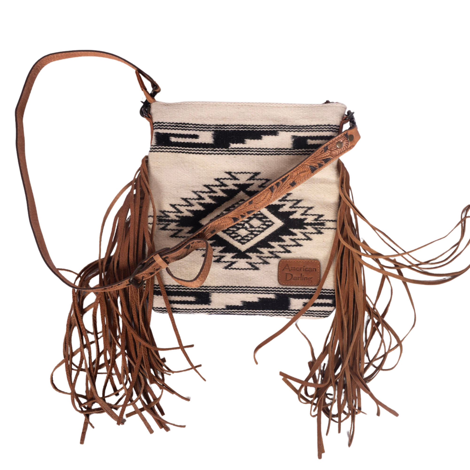 Wool Crossbody Bag – Tooled Leather Yoke with Fringe