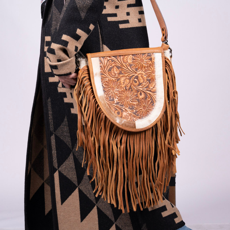 Cowhide & Hand-Tooled Leather Messenger – Fringe Western Bag