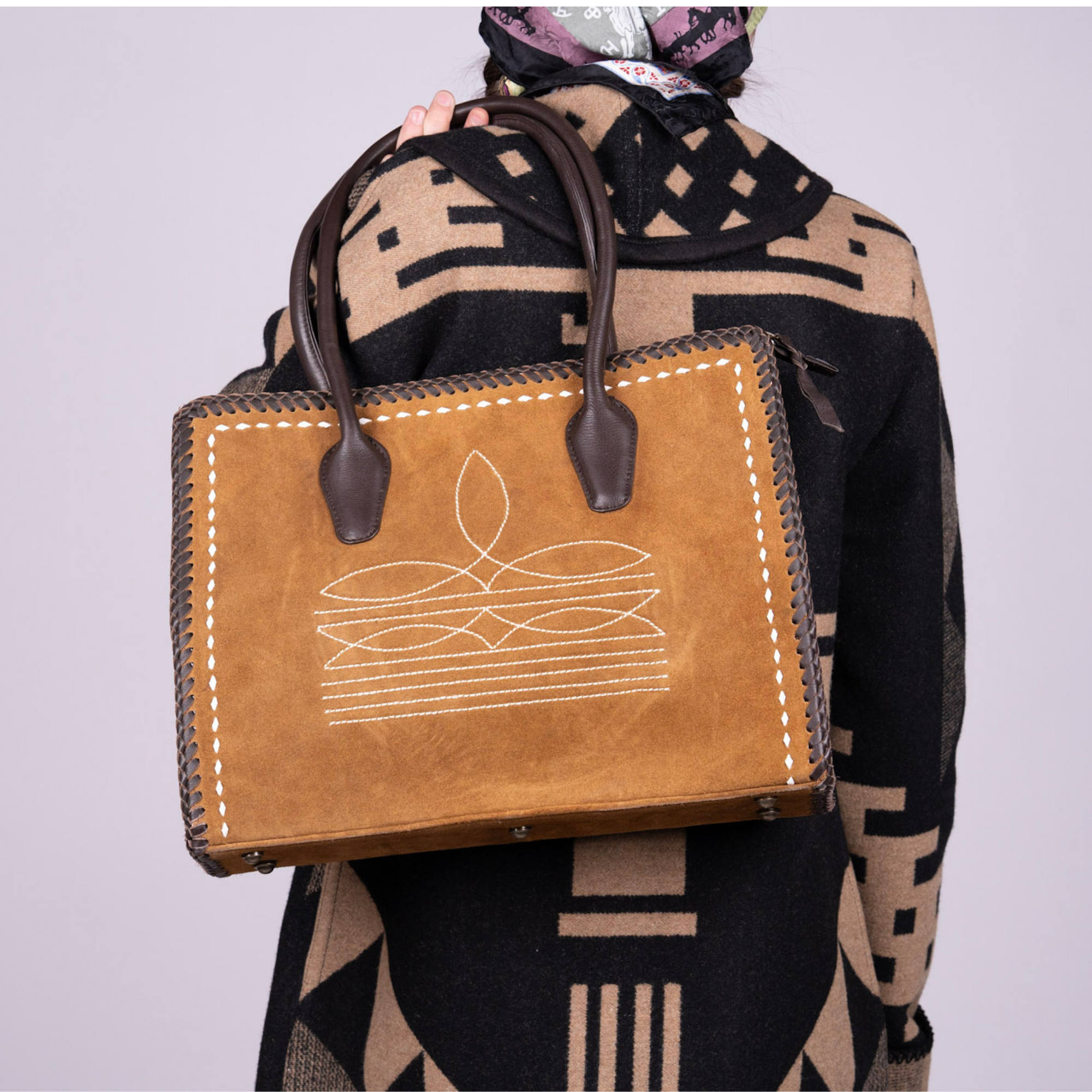 Suede Leather Tote – Braided Trim with Contrast Stitch