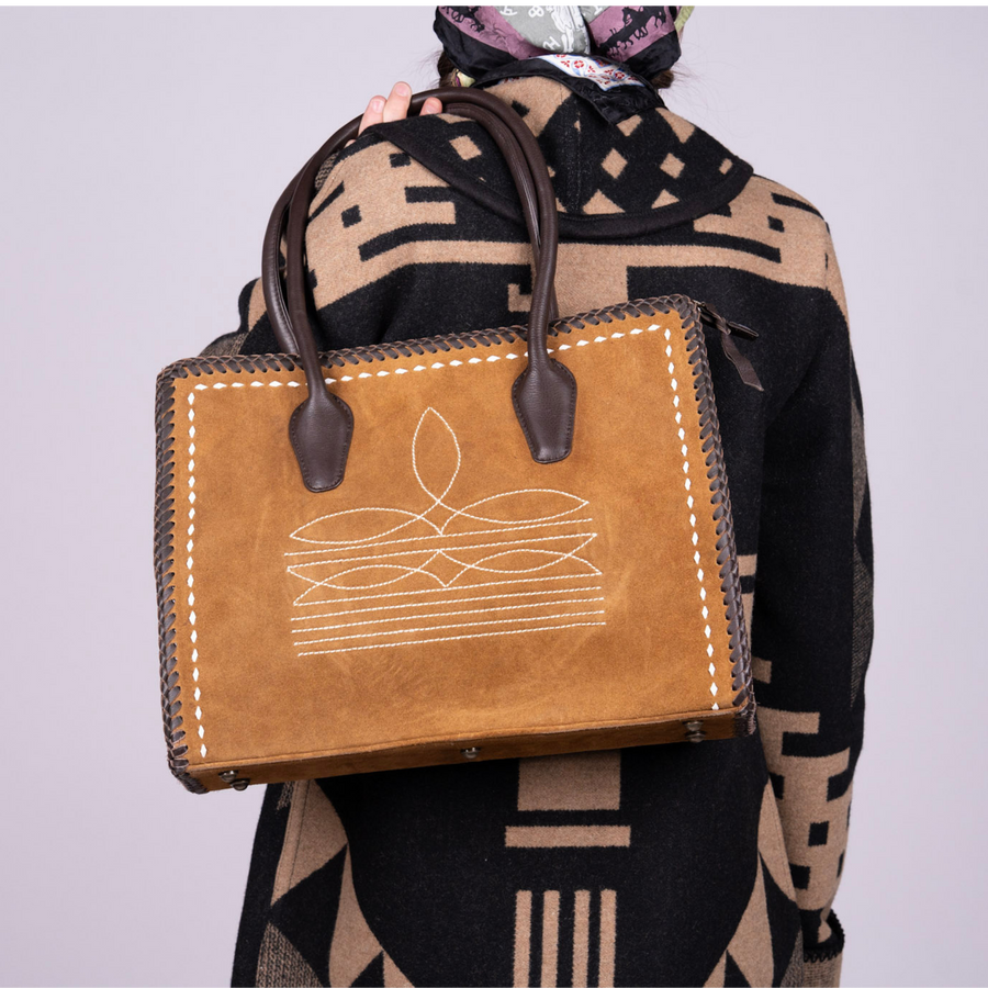 Suede Leather Tote – Braided Trim with Contrast Stitch