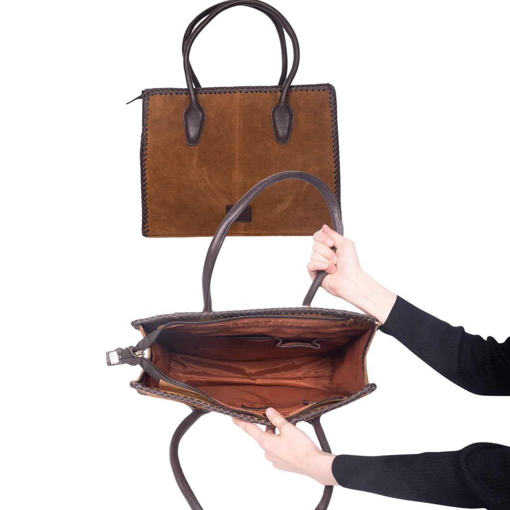 Suede Leather Tote – Braided Trim with Contrast Stitch