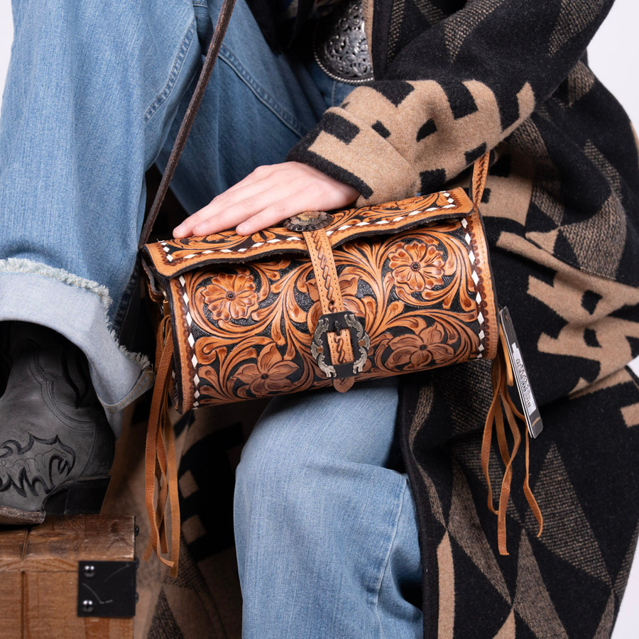 Hand-Tooled Leather Crossbody – Floral Western Bag
