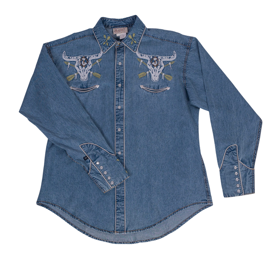 Men’s Vintage Denim Steer Skull & Arrow Chain Stitch Embroidered Western Shirt