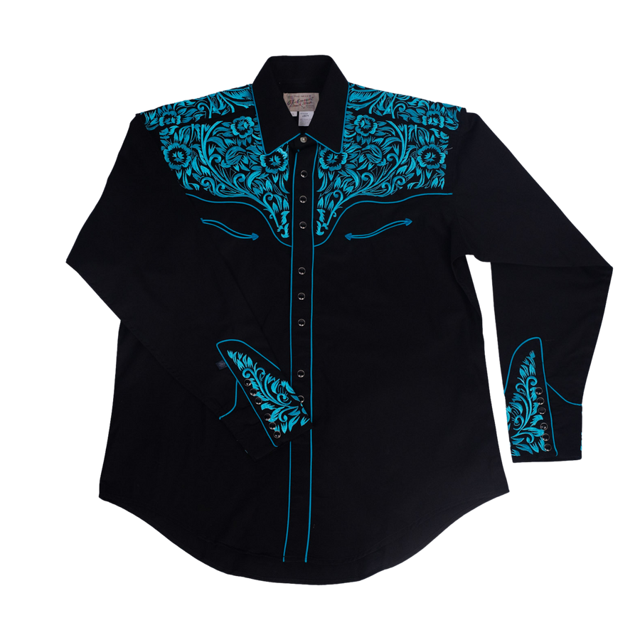 Men's Vintage Black & Turquoise Tooling Embroidered Western Shirt