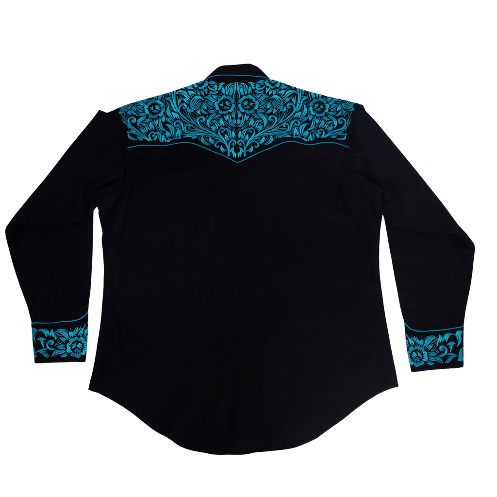 Men's Vintage Black & Turquoise Tooling Embroidered Western Shirt