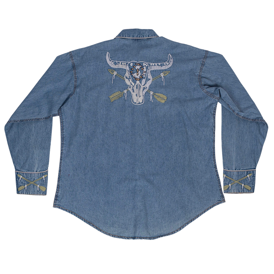 Men’s Vintage Denim Steer Skull & Arrow Chain Stitch Embroidered Western Shirt