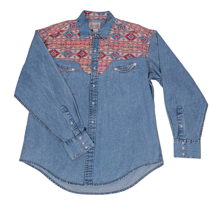 Men's Vintage 2-Tone Denim & Native Pattern Embroidered Western Shirt