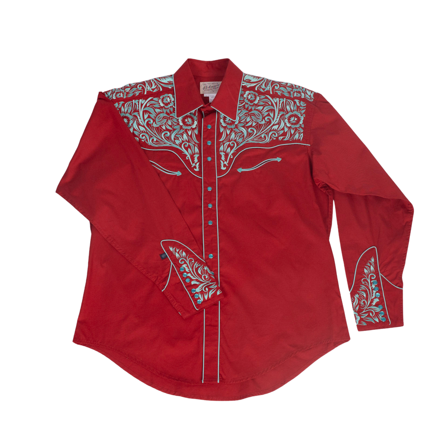 Men's Vintage Coral & Turquoise Tooling Embroidered Western Shirt