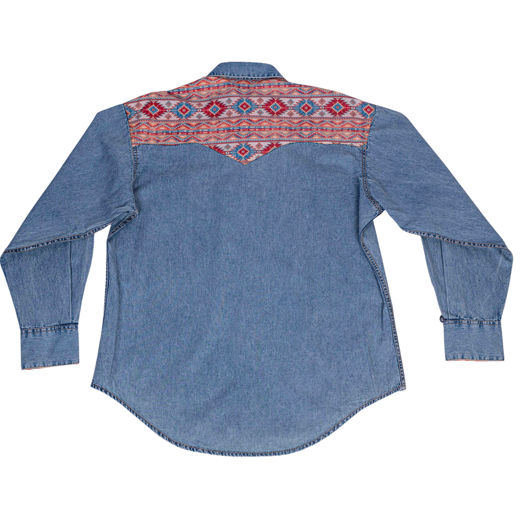Men's Vintage 2-Tone Denim & Native Pattern Embroidered Western Shirt