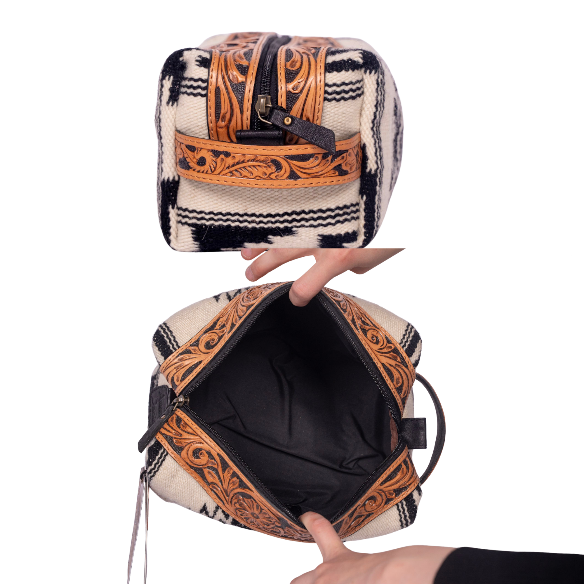 Western Saddle Blanket Toiletry Bag with Tooled Leather Trim