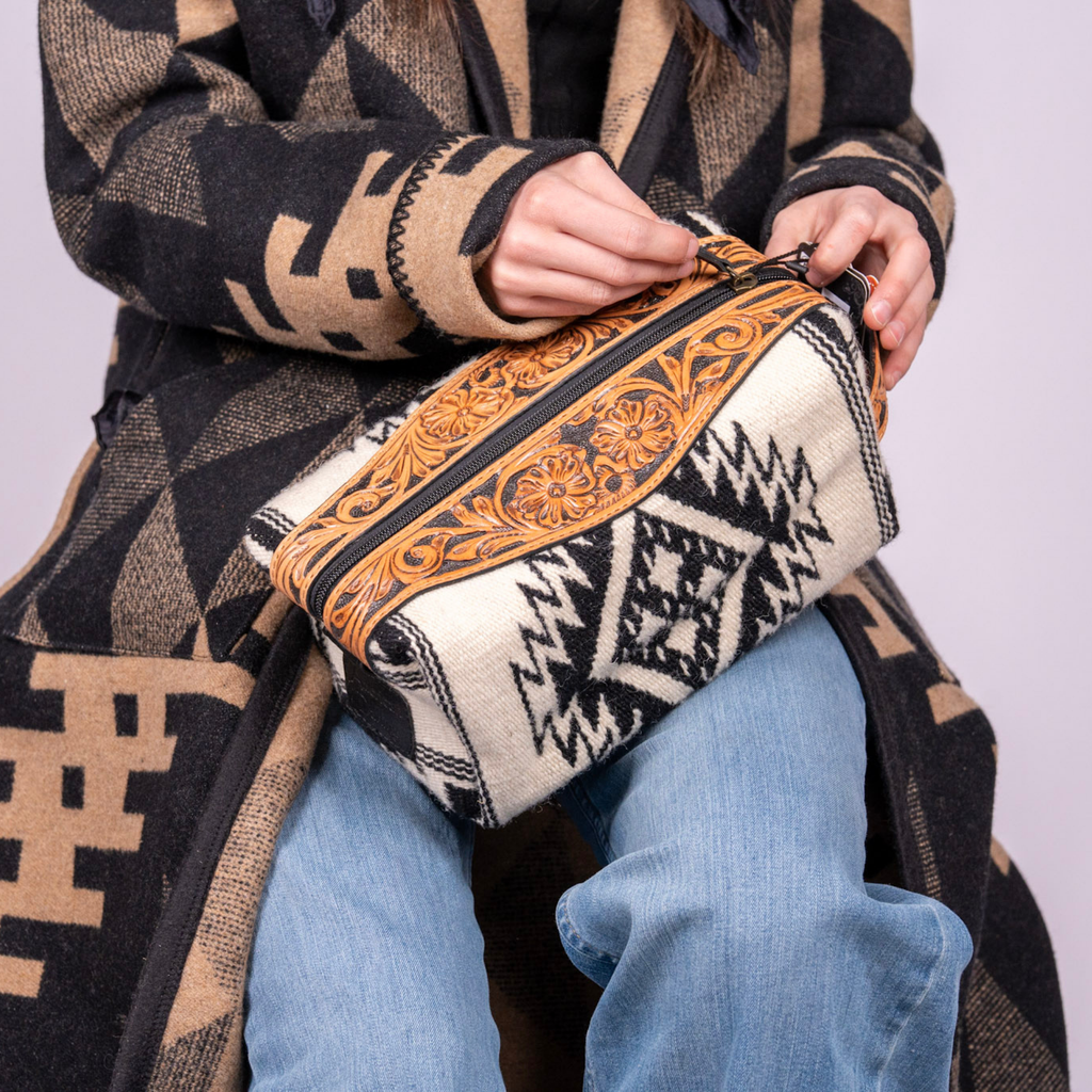 Western Saddle Blanket Toiletry Bag with Tooled Leather Trim
