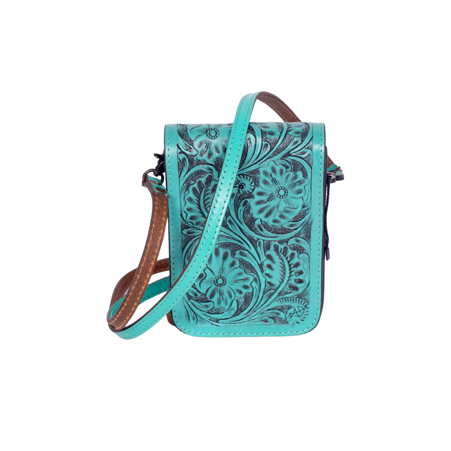 Hand Tooled Floral Leather Cell Phone Bag Western Crossbody