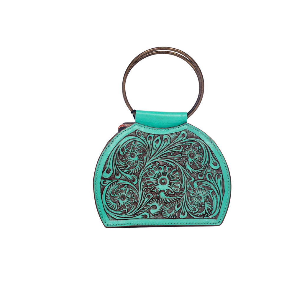 Hand-Tooled Leather Western Ring Handle Clutch Bag