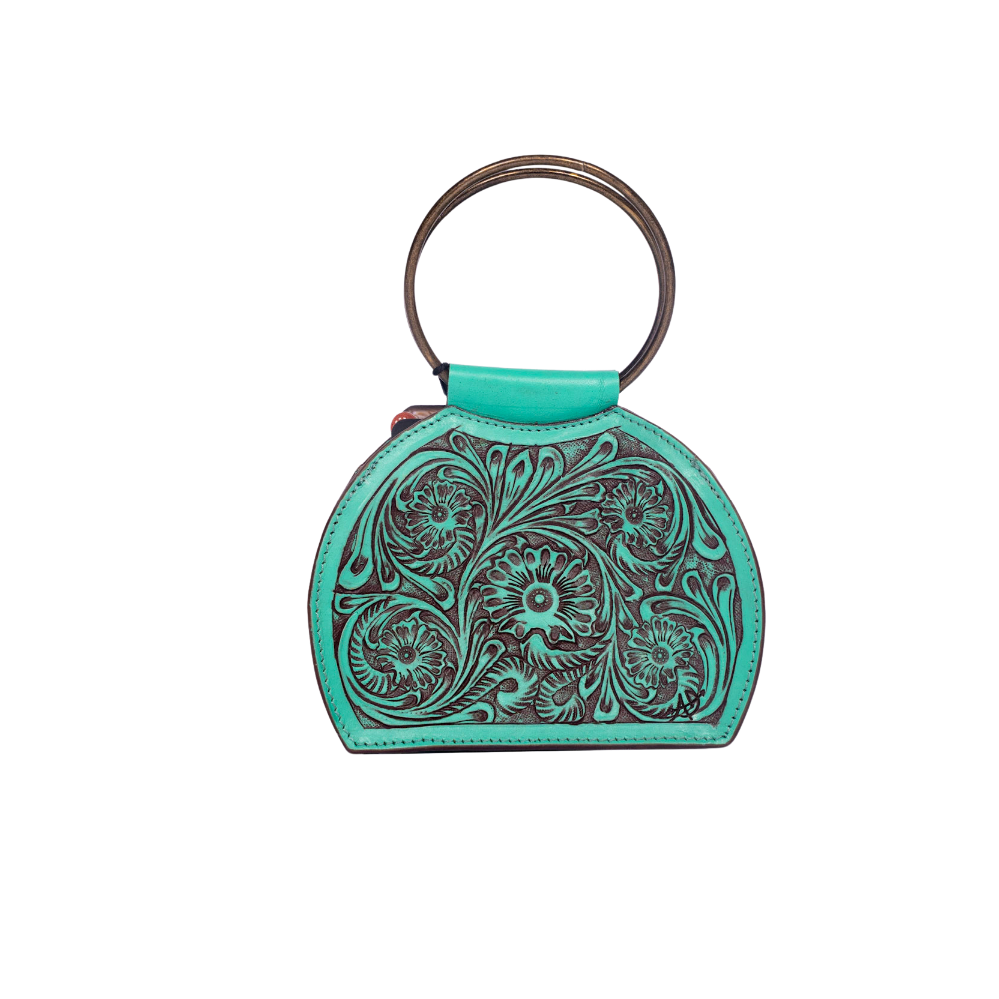 Hand-Tooled Leather Western Ring Handle Clutch Bag