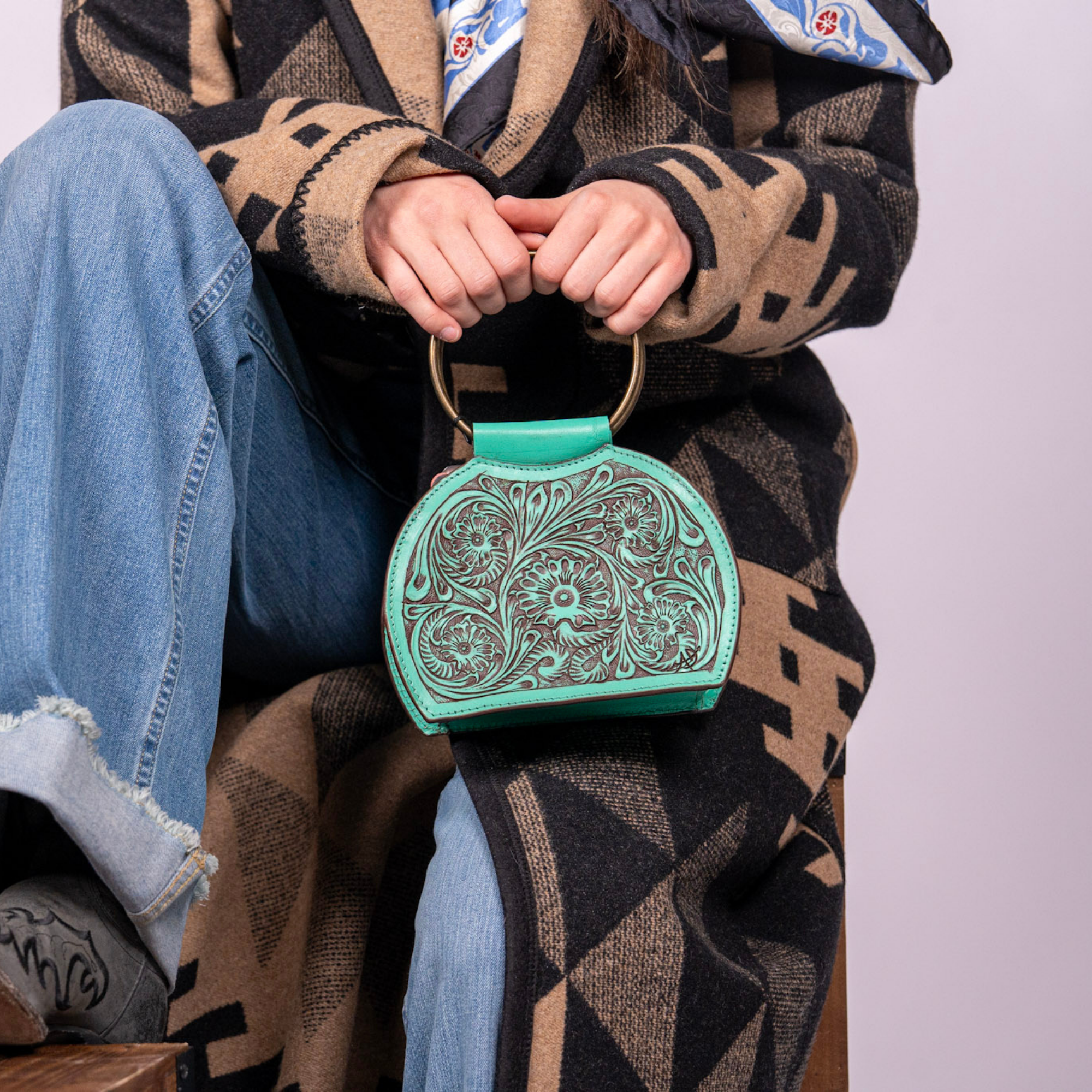 Hand-Tooled Leather Western Ring Handle Clutch Bag